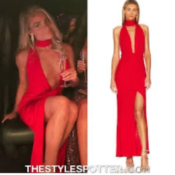 Alice + Olivia Reese New Ruby Red Gown – Size 6 – Deep V, Scarf Neck, Slit, Form - Picture 3 of 8